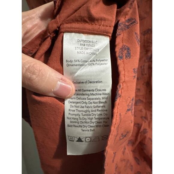 Eddie‎ Bauer Button Shirt Mens MEDIUM Red ORANGE Fish Print Short Sleeve - Picture 4 of 6